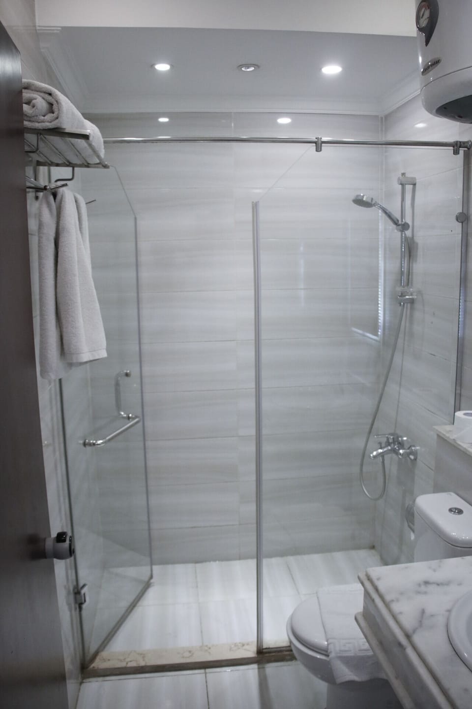 Shower, free toiletries, bidet, towels