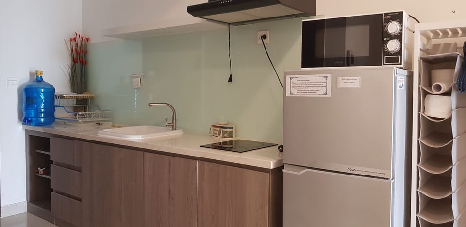 Fridge, microwave, electric kettle, rice cooker