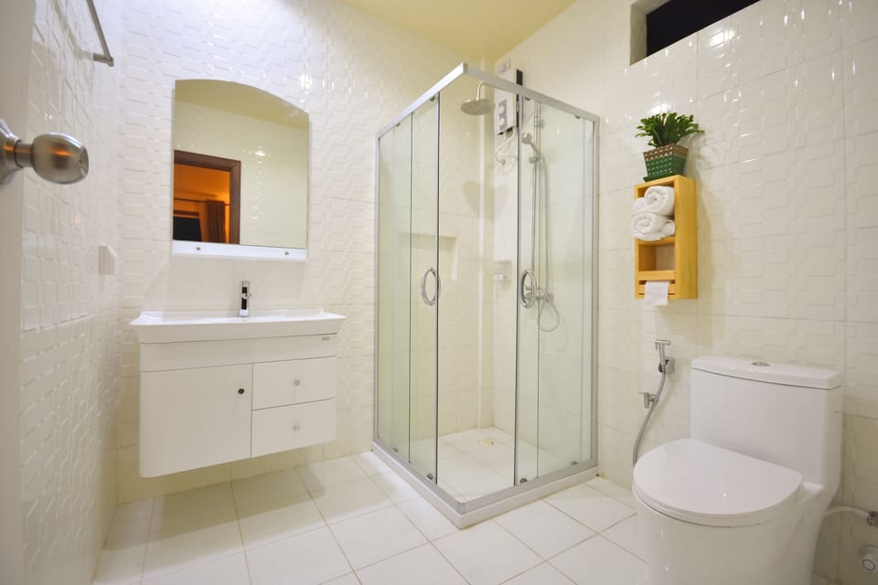 Shower, free toiletries, hair dryer, bidet