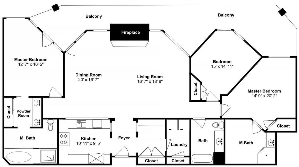 This detailed floor plan shows your spacious vacation rental layout with two master bedrooms, full kitchen, and cozy fireplace.
