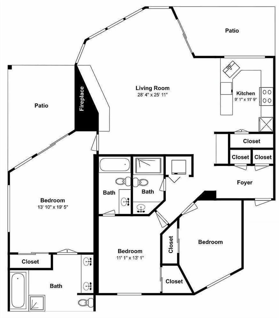 Detailed floor plan showing three bedrooms, two baths, and open living areas with patio access for your mountain getaway.