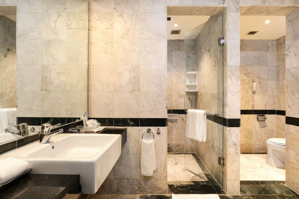 Shower, free toiletries, slippers, towels