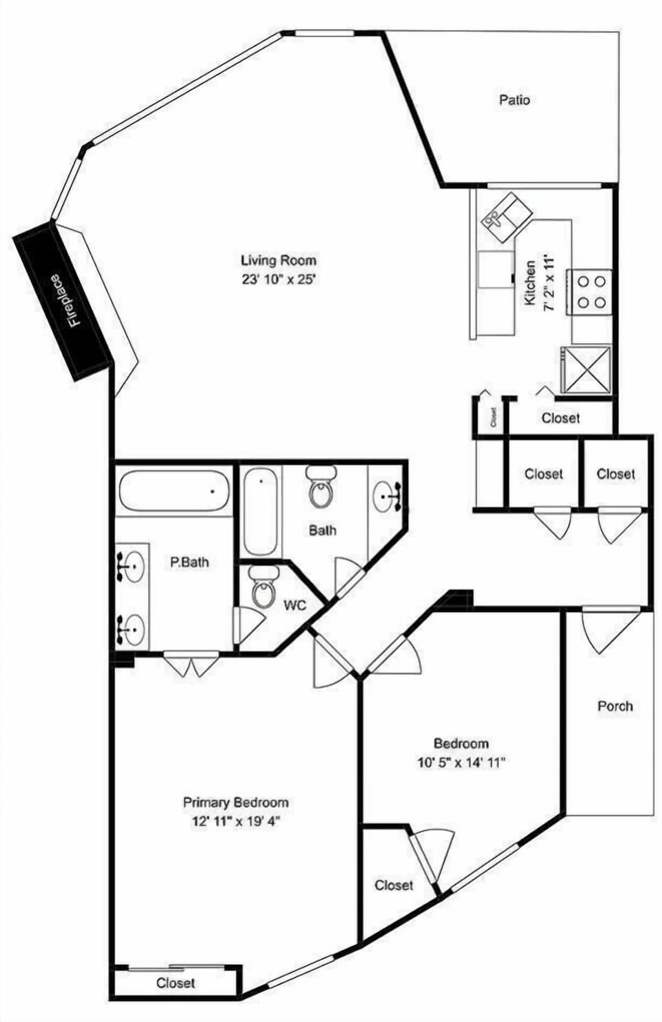 Floor plan showing spacious living room, full kitchen, two bedrooms with closets, bathrooms, and private patio.