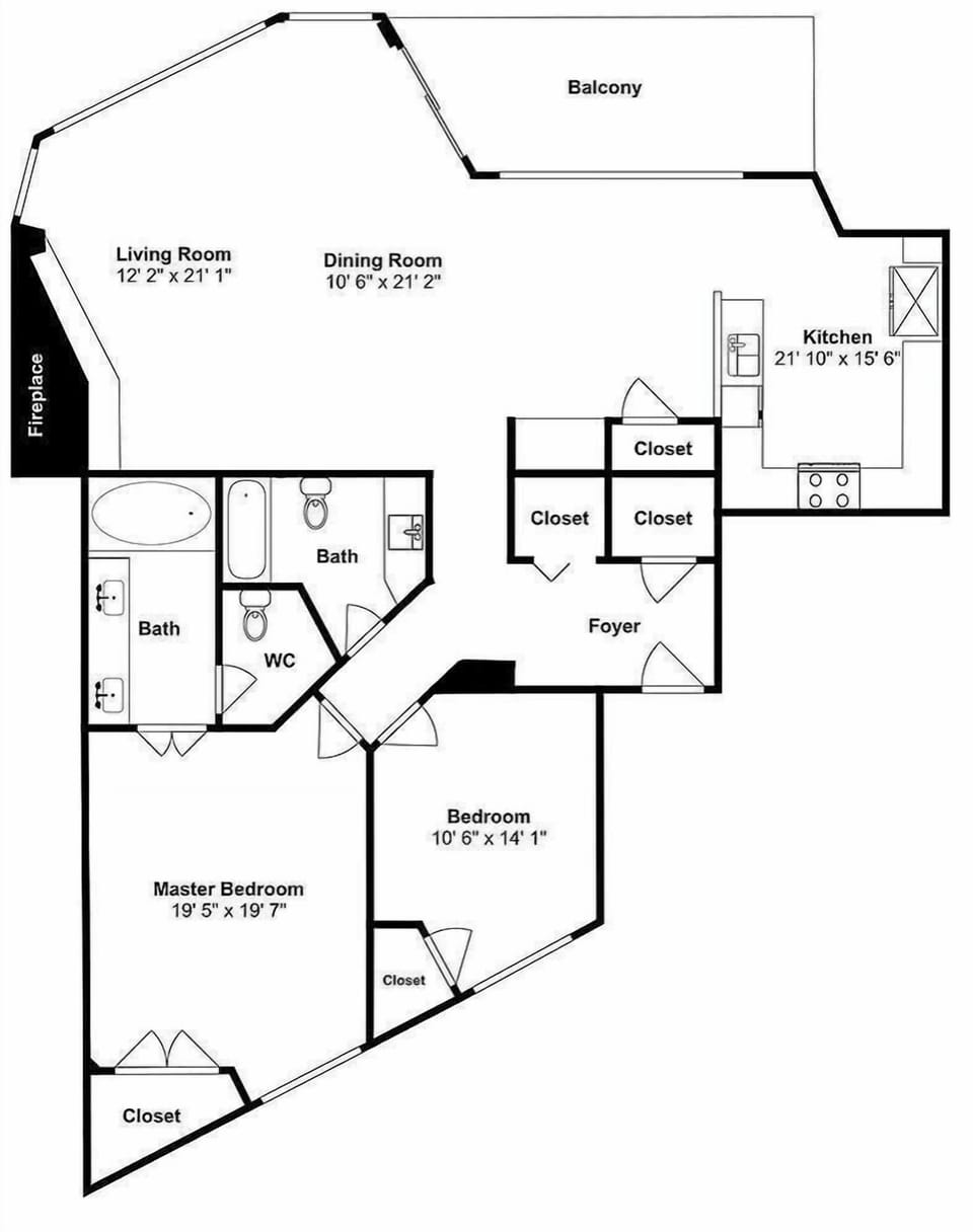 This detailed floor plan shows your spacious vacation rental layout with two bedrooms, two baths, full kitchen, and private balcony.
