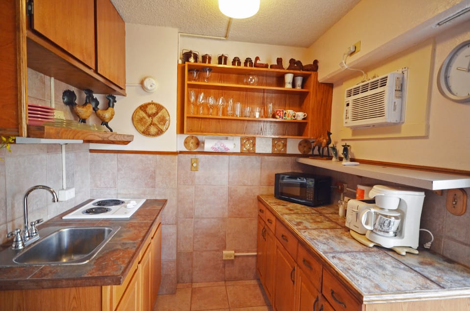 Kitchenette with essentials for cooking hot meals.