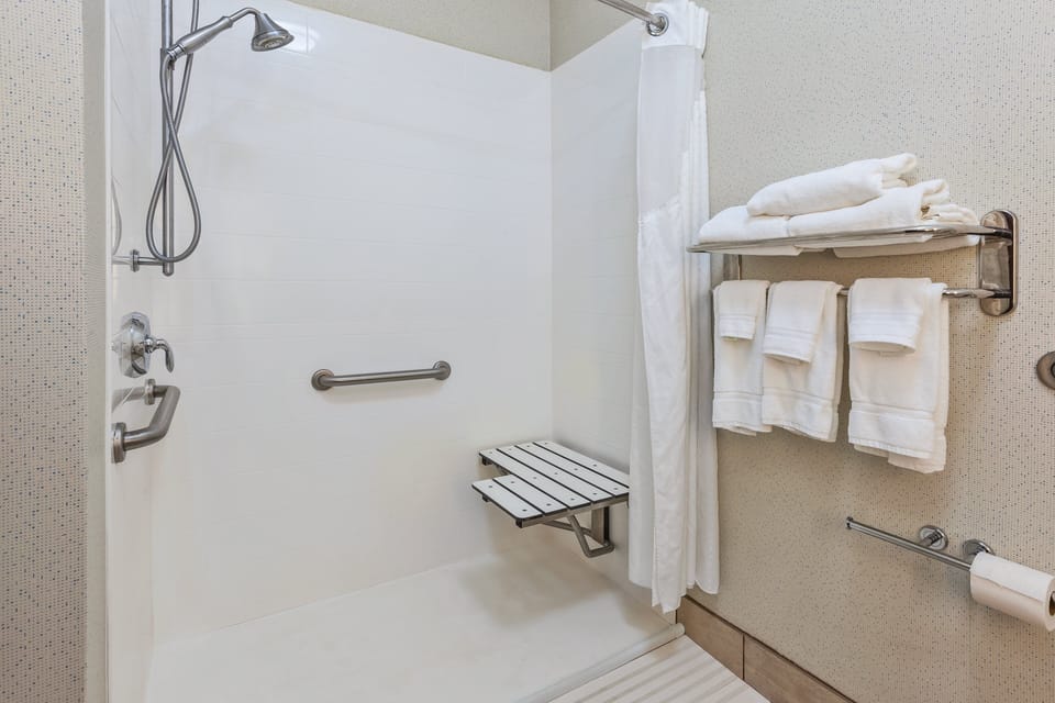 Combined shower/tub, free toiletries, hair dryer, towels
