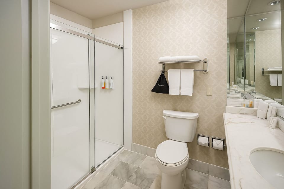 Combined shower/tub, rainfall showerhead, free toiletries, hair dryer