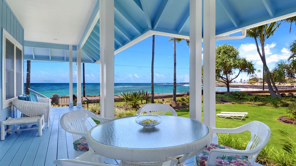 Cherished Cottage at Brennecke Beach - Oceanfront Dining Lanai View - Parrish Kauai