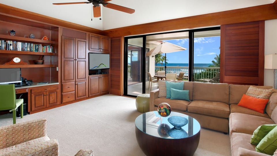 Poipu Kapili Resort #27 - Ocean View Living Room & Lanai View - Parrish Kauai