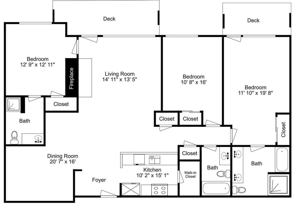 This detailed floor plan shows your spacious vacation rental's thoughtful layout with multiple bedrooms, bathrooms, and outdoor deck spaces.
