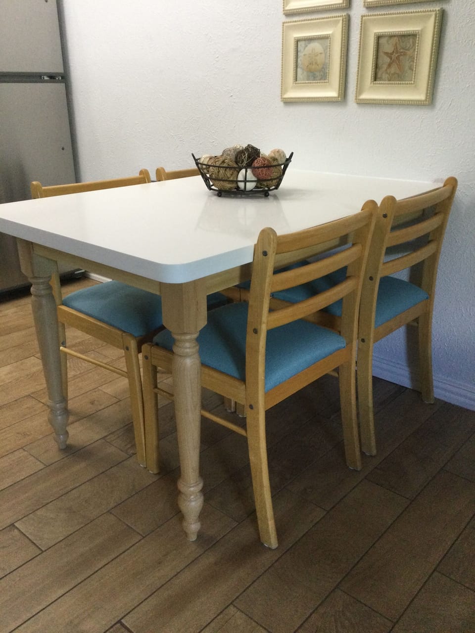 New, custom made kitchen table with quartz countertop.