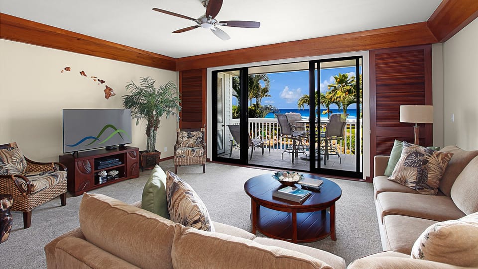 Poipu Kapili Resort #24 - Ocean View Living Room & Lanai View - Parrish Kauai