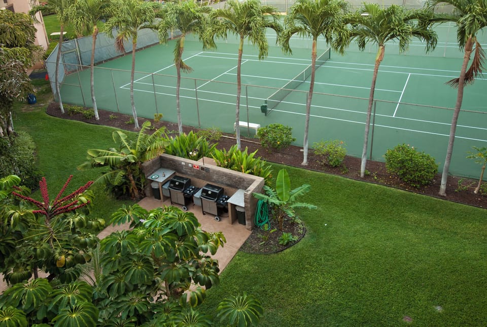 Private tennis court surrounded by lush tropical palms and manicured gardens, with a dedicated BBQ area for post-match gatherings.