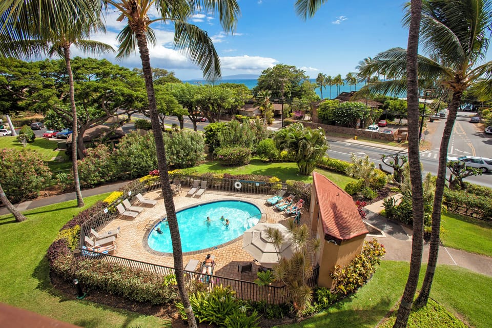 Aerial view of the property showcasing a tropical pool area surrounded by lush gardens and palm trees, with ocean views visible in the distance and the street entrance beyond.