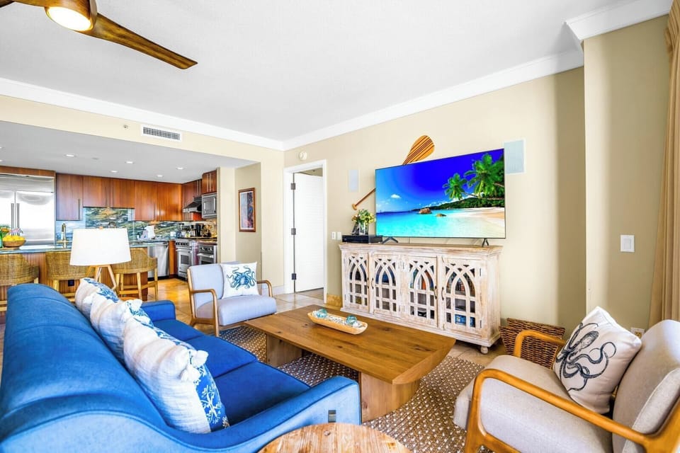 Stretch out on the large sectional and stream a movie on the Smart TV after a beach day.