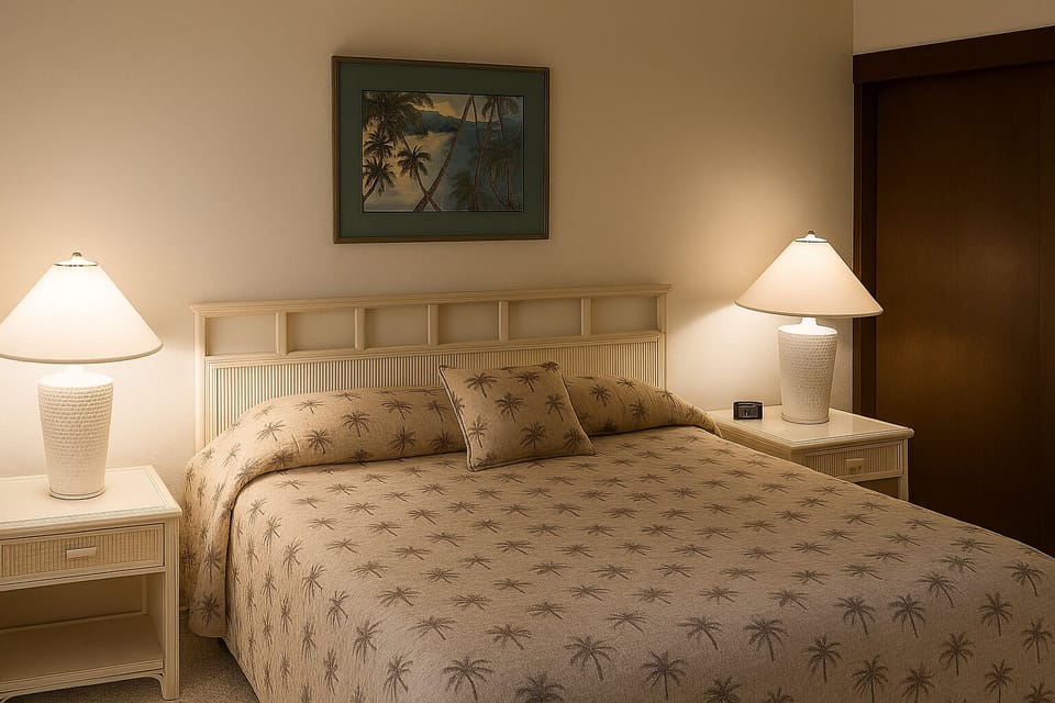 Sink into the plush comfort of your tropical-themed bedroom, where matching lamps cast a warm glow and palm tree artwork sets a relaxing vacation mood.