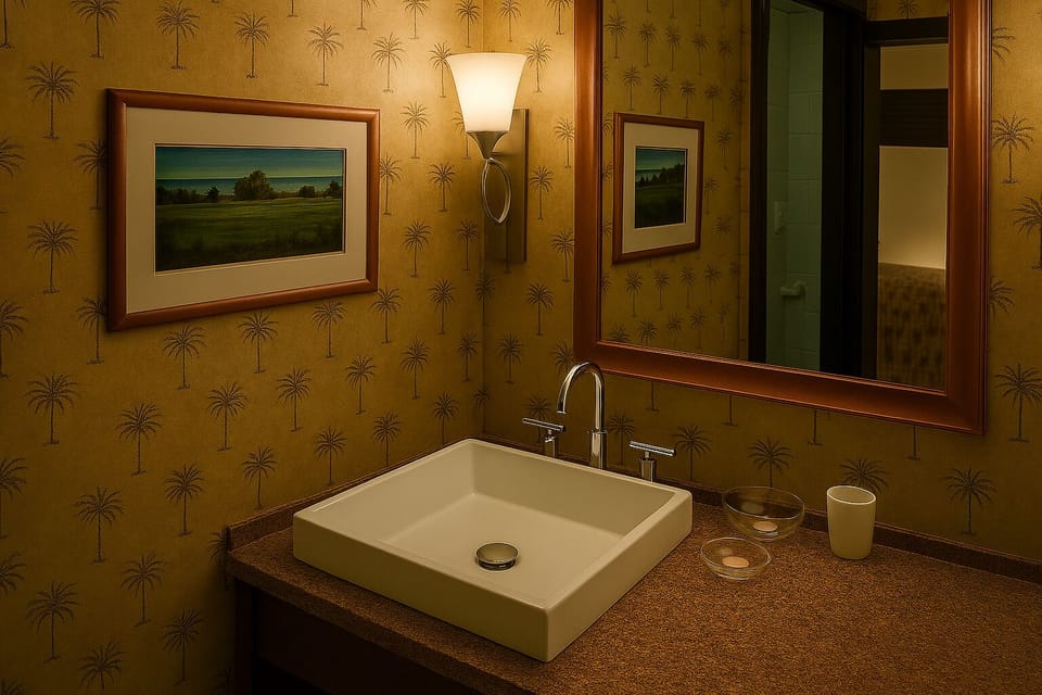 Your stylish bathroom features a modern vessel sink, warm tropical-themed wallpaper, and thoughtful lighting—perfect for starting and ending your days in comfort.