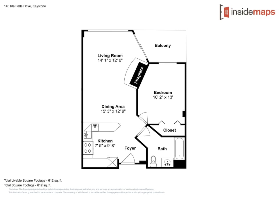 This floor plan shows your spacious one-bedroom layout with balcony, full kitchen, and dining area.