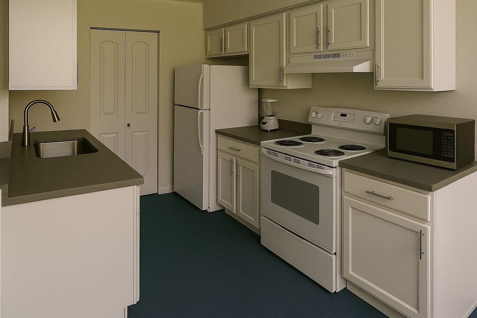 Your fully equipped kitchen features a full-size refrigerator, stove, microwave, and ample counter space—perfect for preparing homemade meals during your stay.
