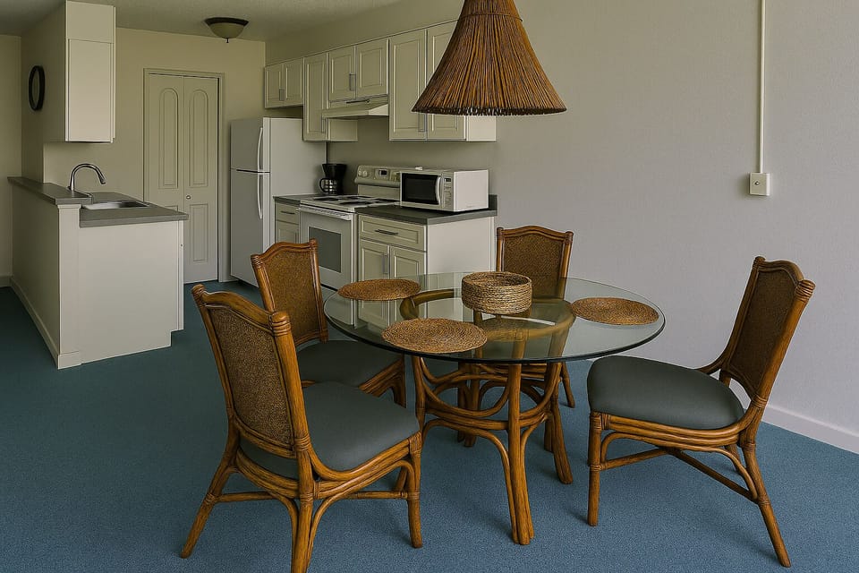 Settle into your fully-equipped kitchen and dining space, where warm tropical details and modern appliances come together for effortless meal prep and relaxed gatherings with your group.