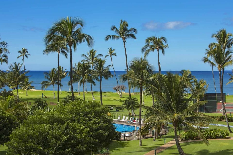 Property grounds feature palm-lined lawns, ocean views, pool, and tennis courts—a tropical retreat where land meets sea.