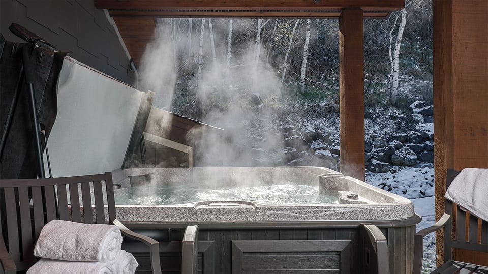 Hot Tub, Main Level Deck - With winter views