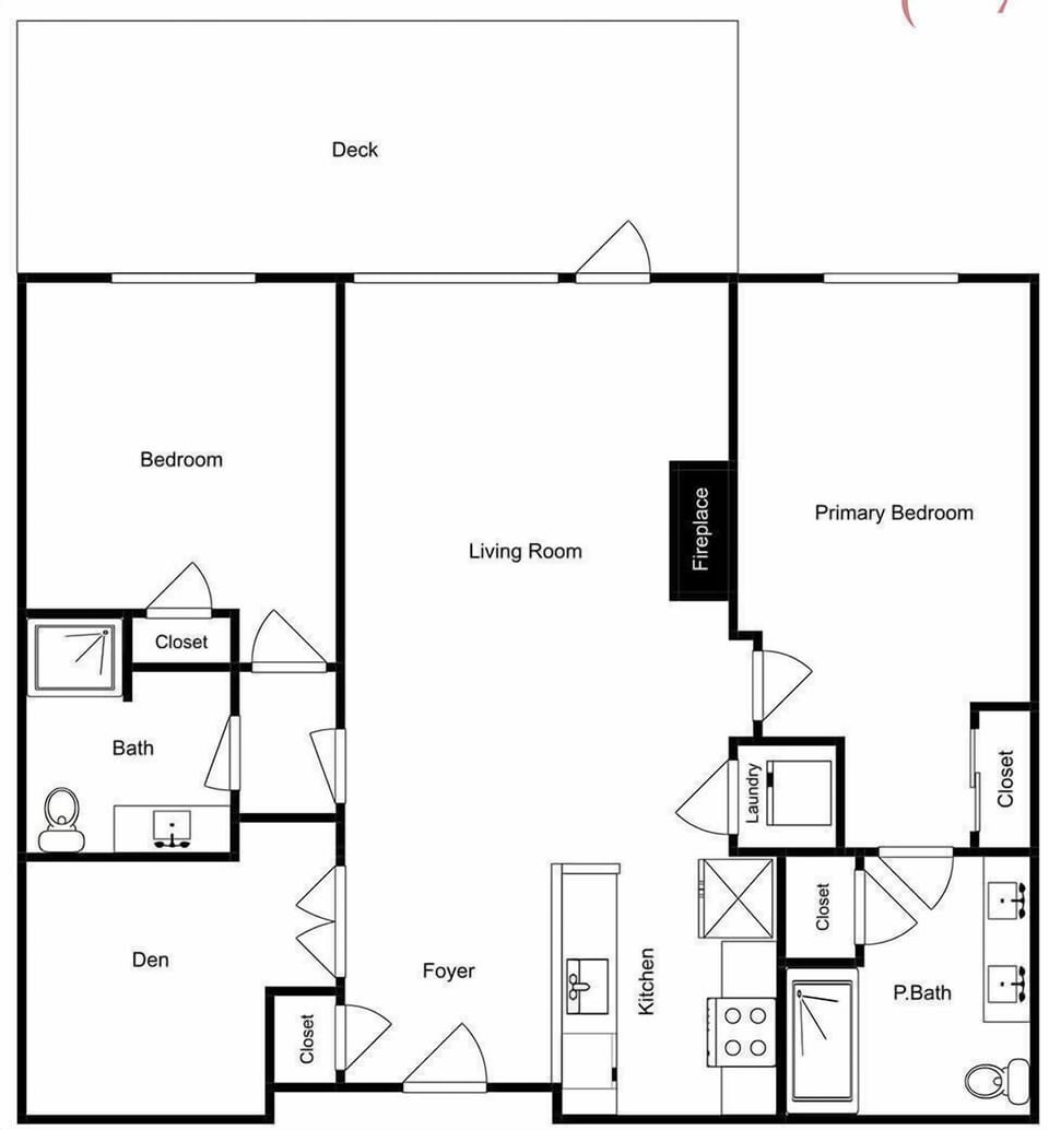 This detailed floor plan shows the spacious layout with two bedrooms, two baths, and an open living area perfect for your stay.