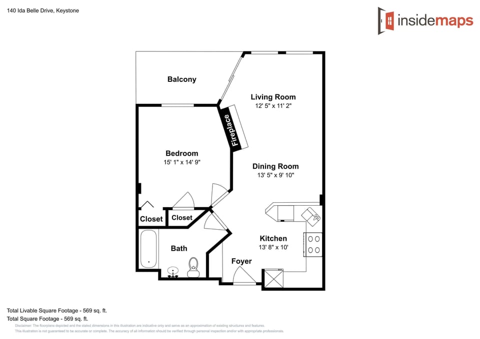 Spacious floor plan showcasing your one-bedroom retreat with separate living, dining areas, full kitchen, and private balcony access.