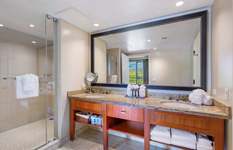 The guest bathroom features a double granite vanity and a frameless glass walk-in shower
                