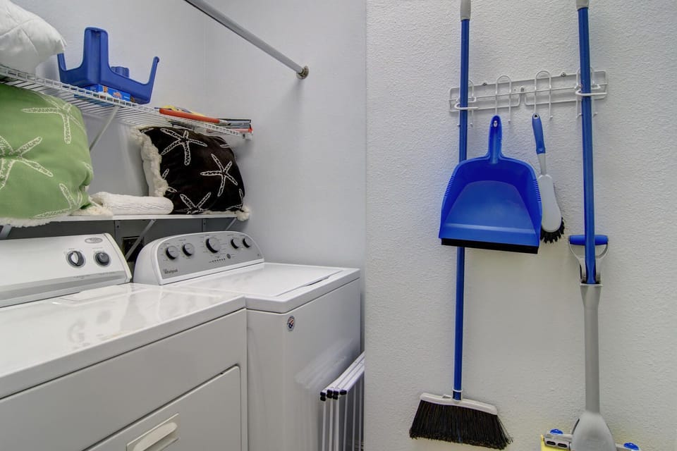 Your dedicated laundry space keeps your vacation wardrobe fresh with full-size washer and dryer plus cleaning supplies.