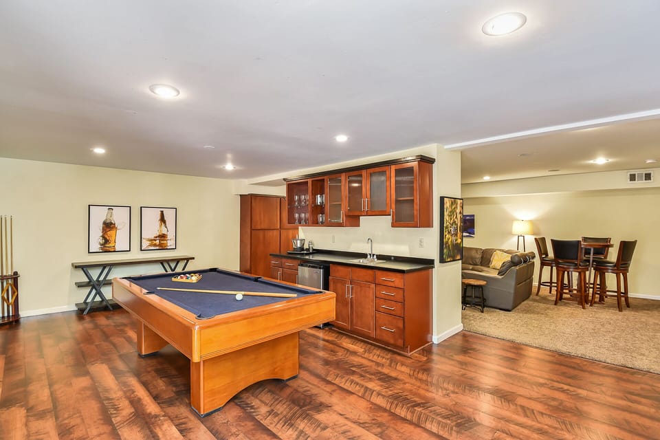 Lower Level Rec Room, Pool Table, Wet Bar with Fridge.