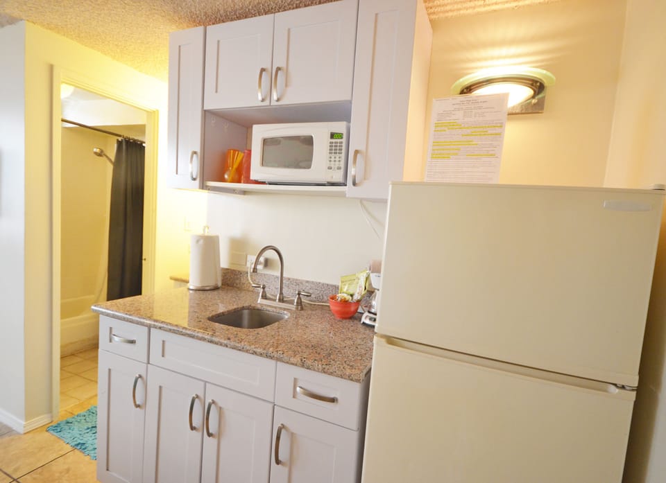 Remodeled Kitchenette with essentials for cooking and plug in hotplate.