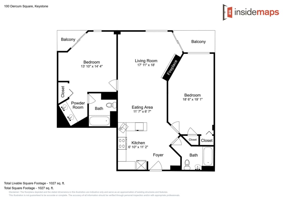 This detailed floor plan shows your spacious 1,027 sq ft layout with two bedrooms, two baths, kitchen, and dual balconies.