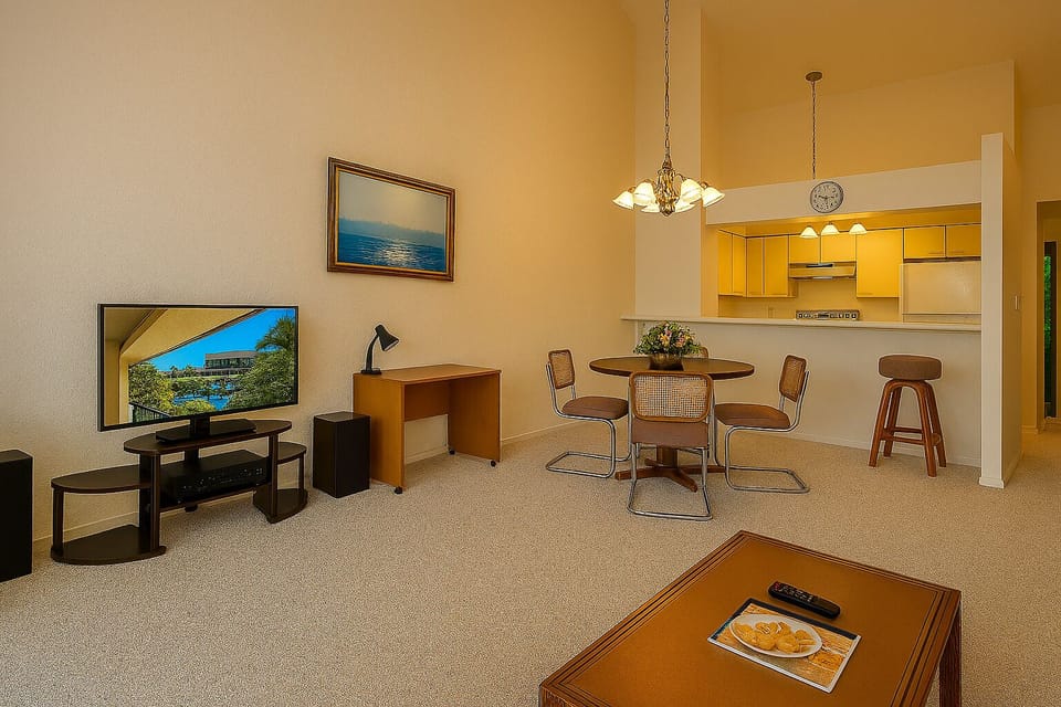 Relax in your spacious open-plan living area with a fully equipped kitchenette, cozy dining nook, and entertainment setup perfect for unwinding after a day of exploring.