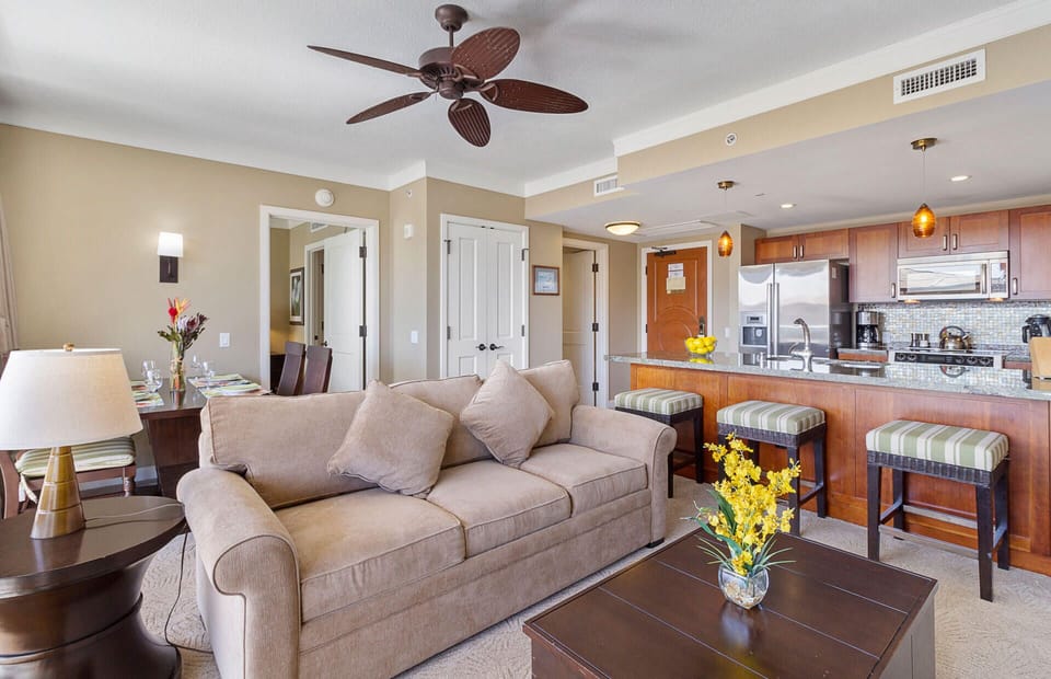 Spacious living area offers a queen convertible sofa sleeper
                