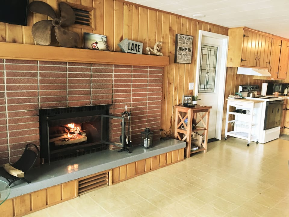 Large wood burning fireplace