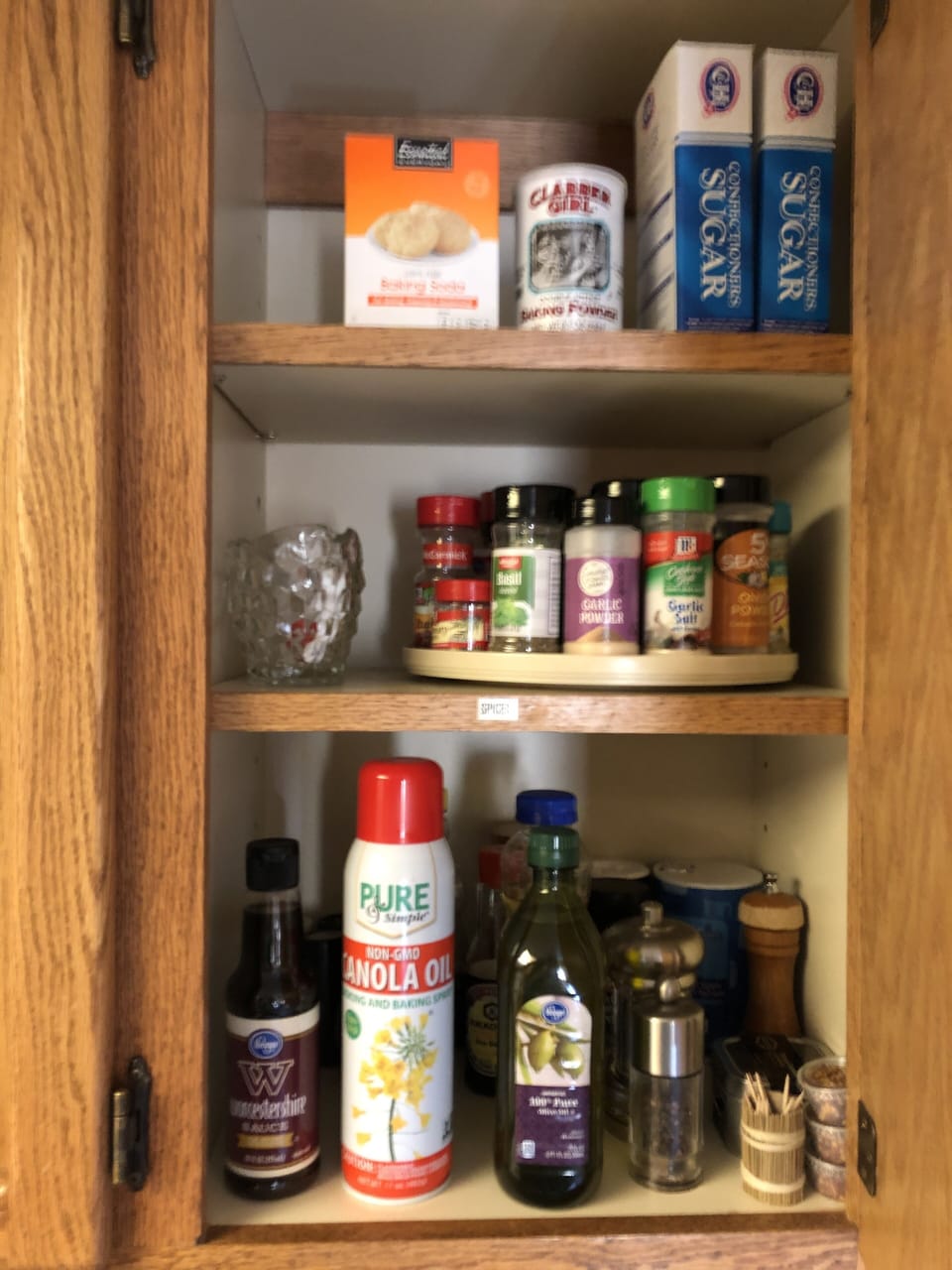 Nice variety of spices, cooking spray, oils, etc