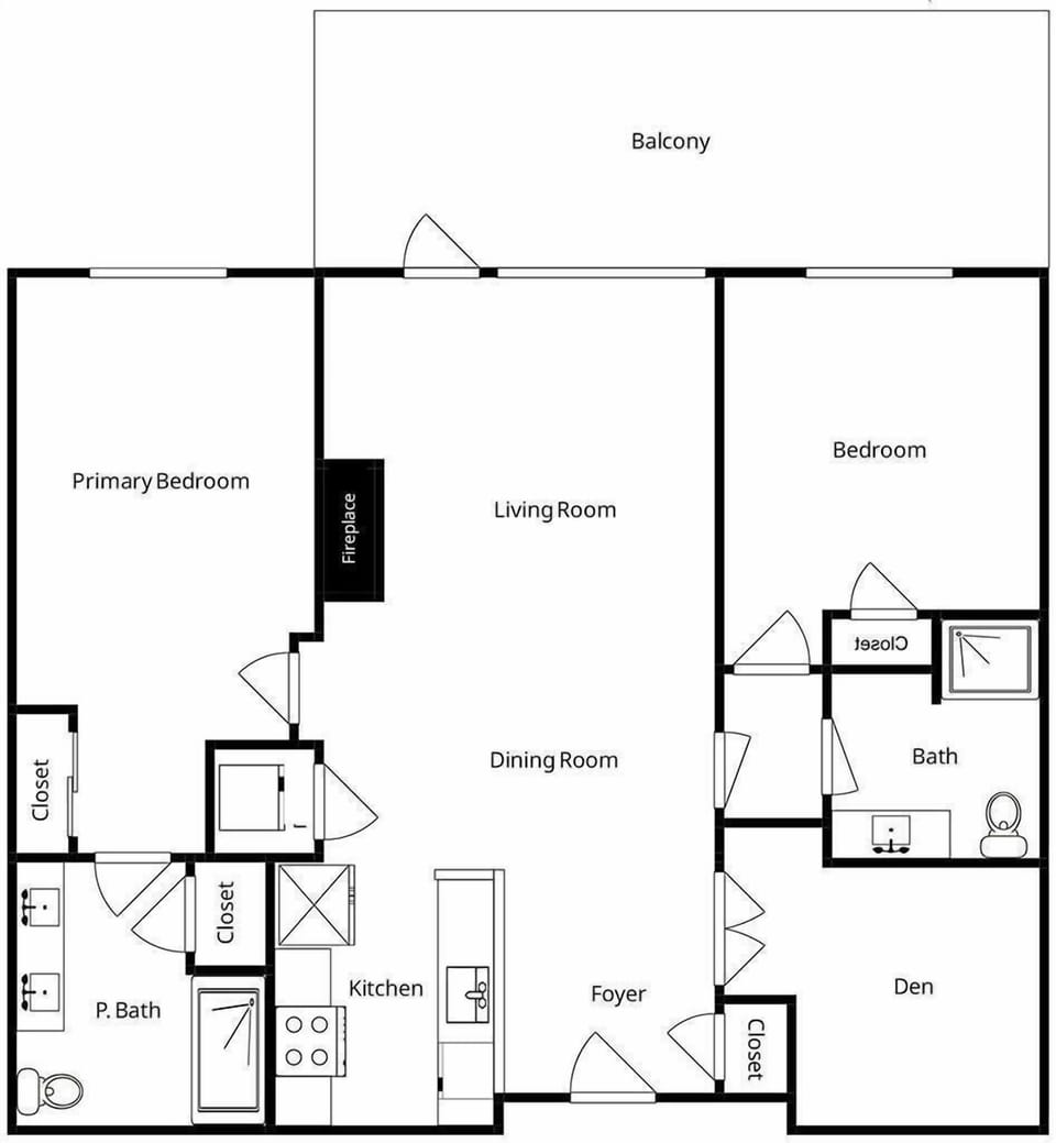 Review the thoughtfully designed floor plan featuring two bedrooms, two baths, and an open living concept with balcony access.
