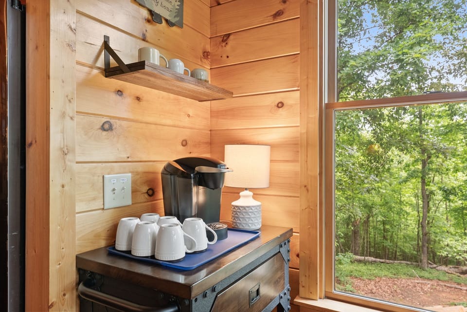 Coffee nook equipped with 2-way Coffee Maker. You can use K-Cup pods and coffee grounds.