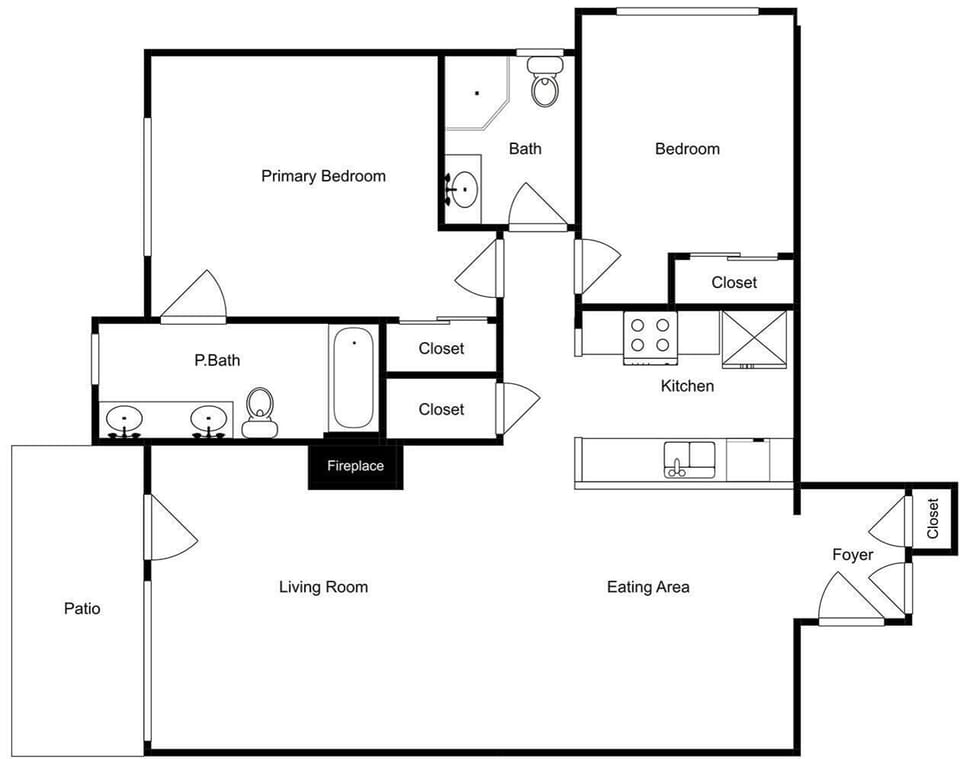 Spacious floor plan shows your home's thoughtful layout with two bedrooms, full kitchen, and cozy fireplace for perfect relaxation.