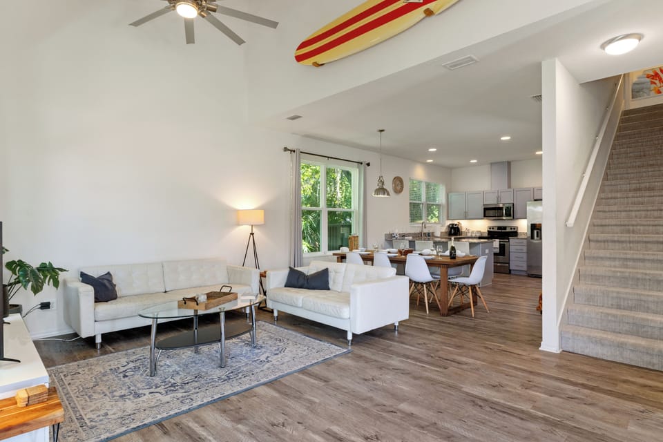 View of living and dining area and open kitchen