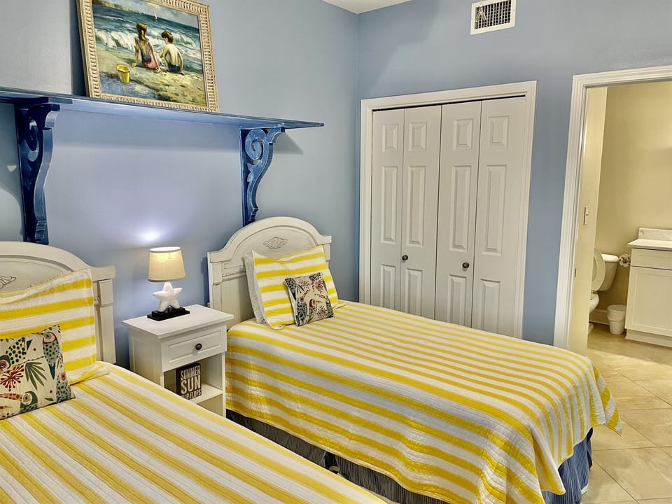 The guest bedroom has an adjoining bathroom!