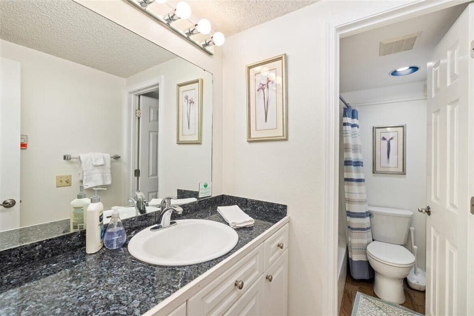 The bathroom on the main level includes a tub/shower and separate vanity area.