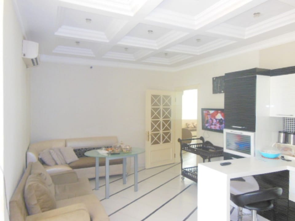 Flat-screen TV, fireplace