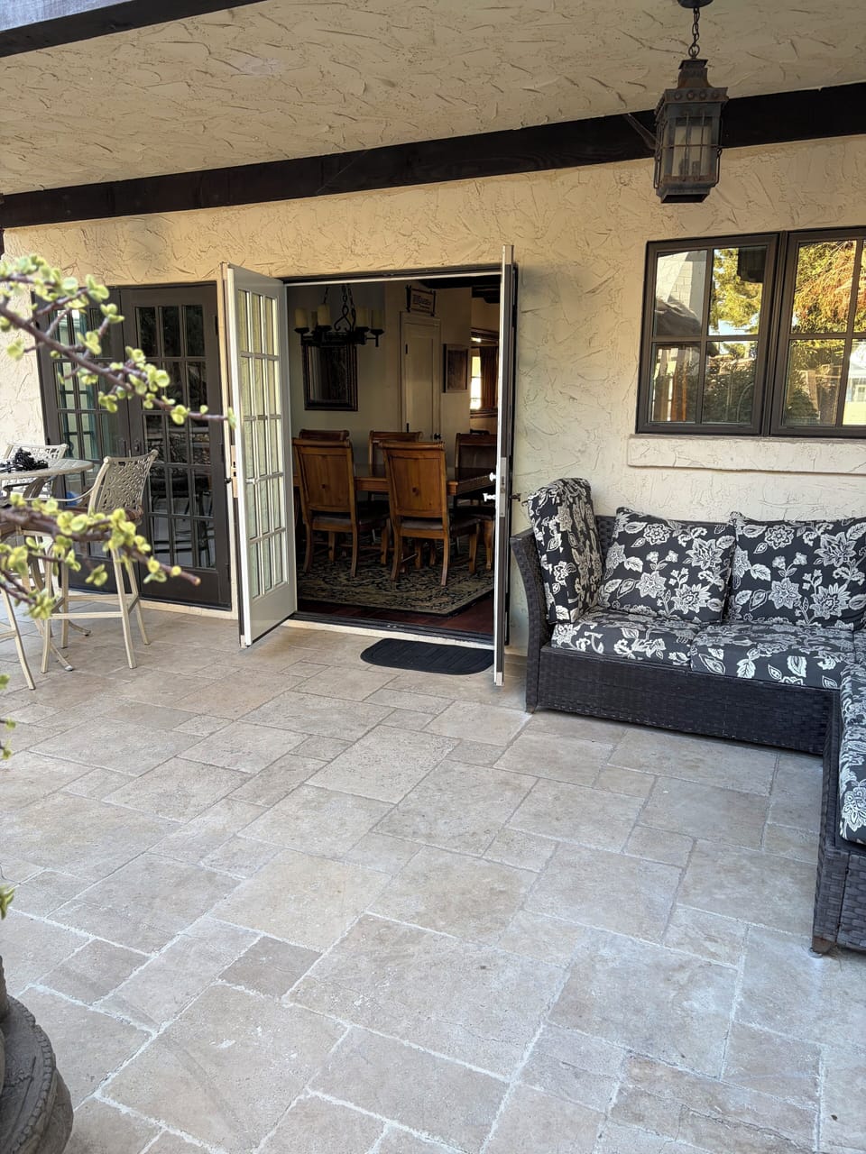 46" wide entry at rear patio with 1  1/2" step up 