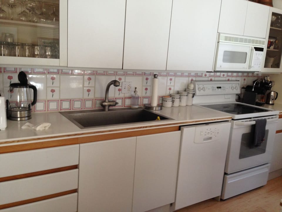 Large kitchen sink, dishwasher, stove/oven and microwave.