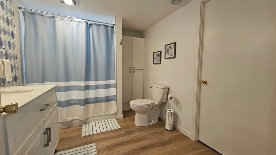 Basement bathroom, washer and dryer behind the door to the right.