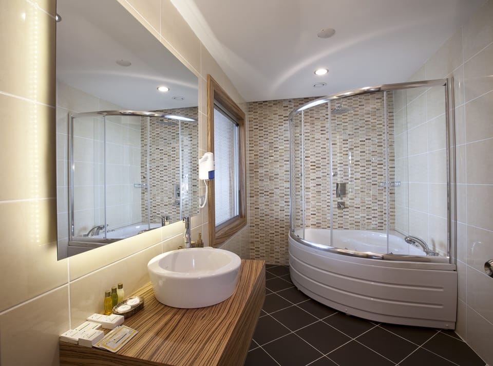 Shower, free toiletries, hair dryer, slippers
