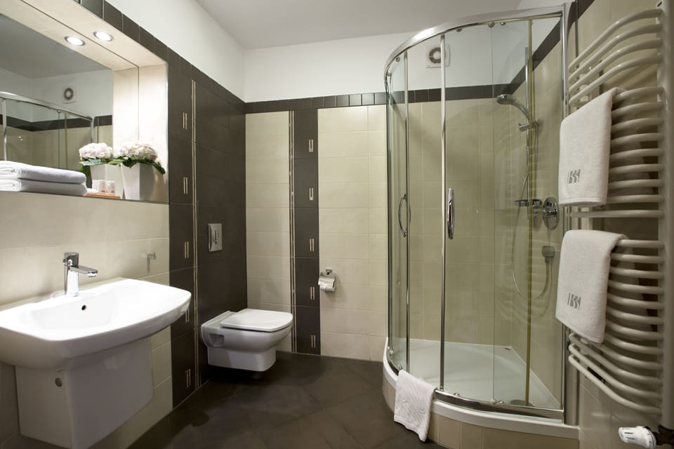 Shower, free toiletries, towels