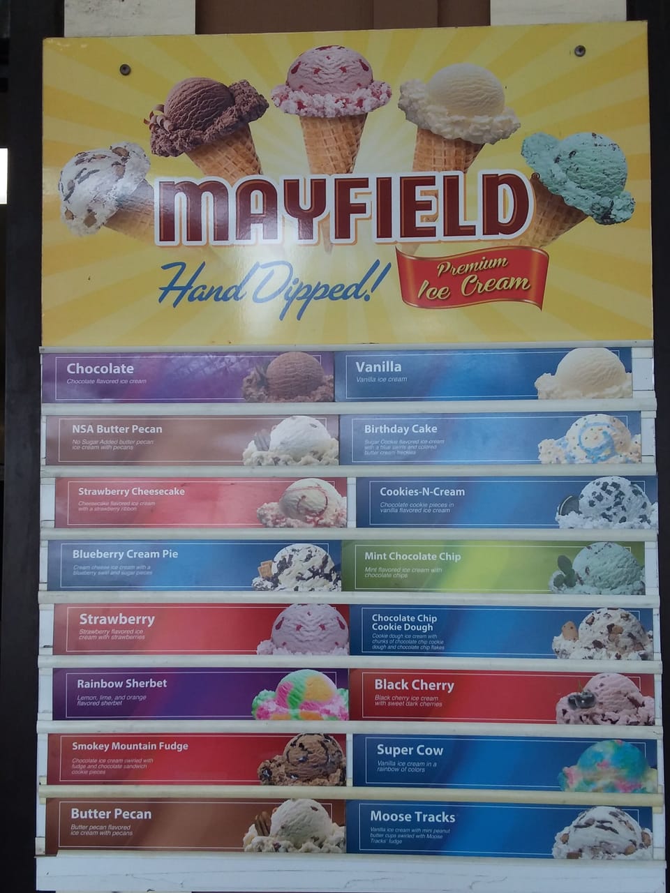 Ice Cream menu from Ocean Lakes shop - short walk or golf cart ride from Q23.